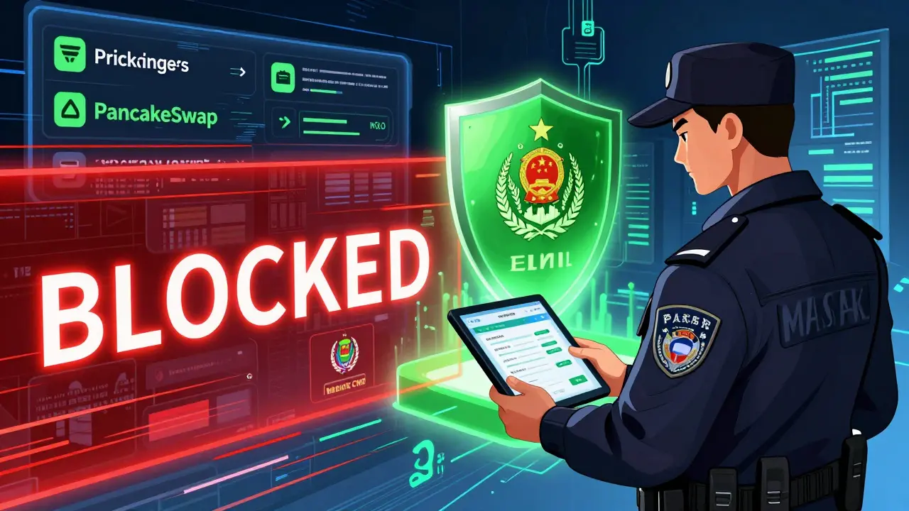 Licensed crypto exchange protected by compliance shields while unlicensed platforms are blocked.