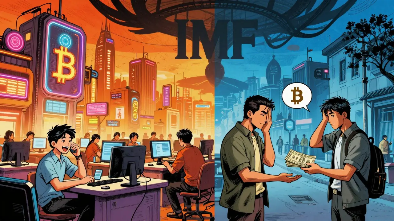 Manhua art contrasting Bitcoin City vision with local merchant rejecting crypto