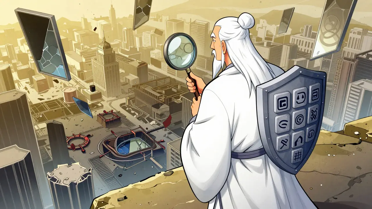 Manhua character verifying crypto info safely above chaotic traps