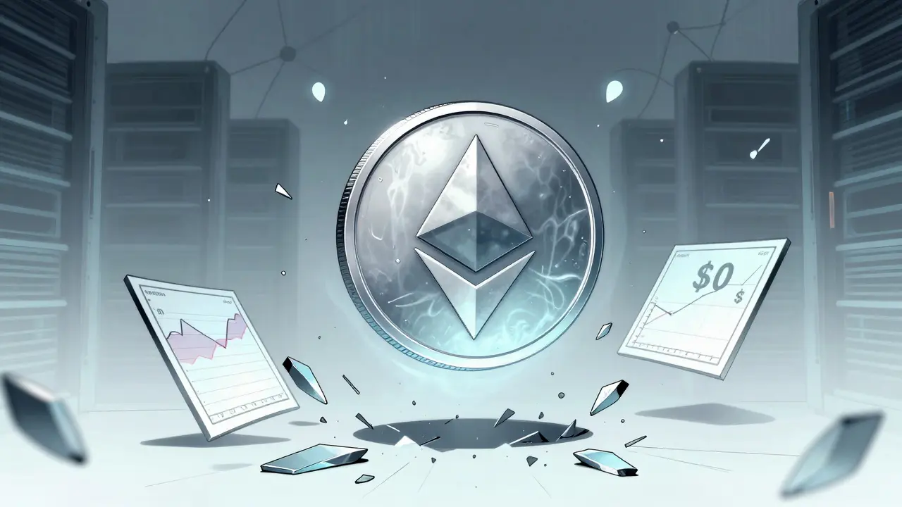 Manhua style: Ghostly zombie crypto token in empty digital void