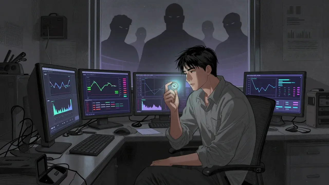 Manhua style image of a trader analyzing low liquidity charts with a glowing CLV token in a dim room.
