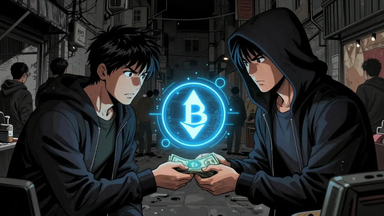 Manhua style: Secretive P2P crypto trade in dark alley with floating digital coins