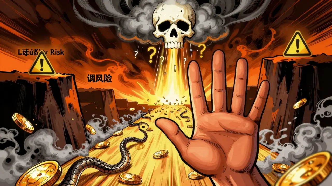 Manhua style: Warning hand blocking risky crypto investment path