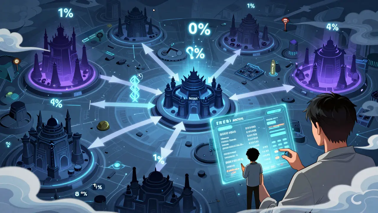 Strategic map of mining pools and fees in Chinese comic style