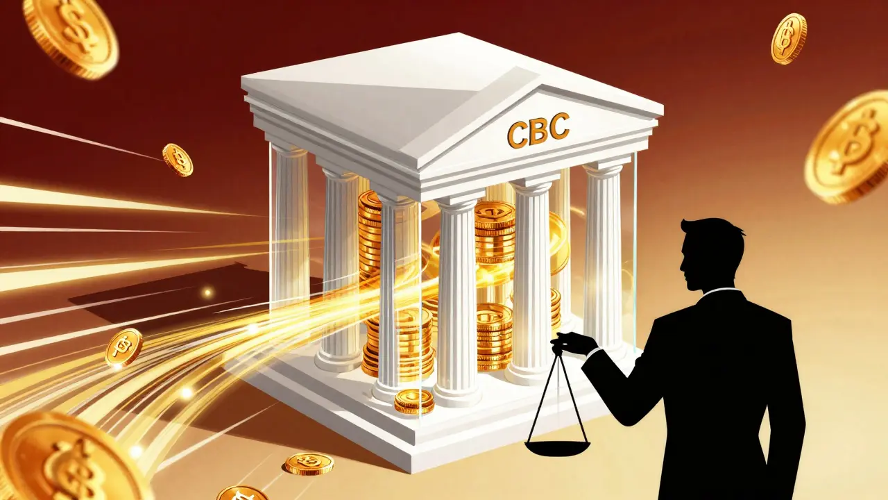 Stylized bank tower with flowing digital gold coins and a regulator's scale, symbolizing financial blockchain adoption.