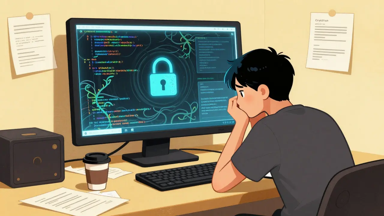 User looking frustrated at complex computer screen representing crypto setup difficulties