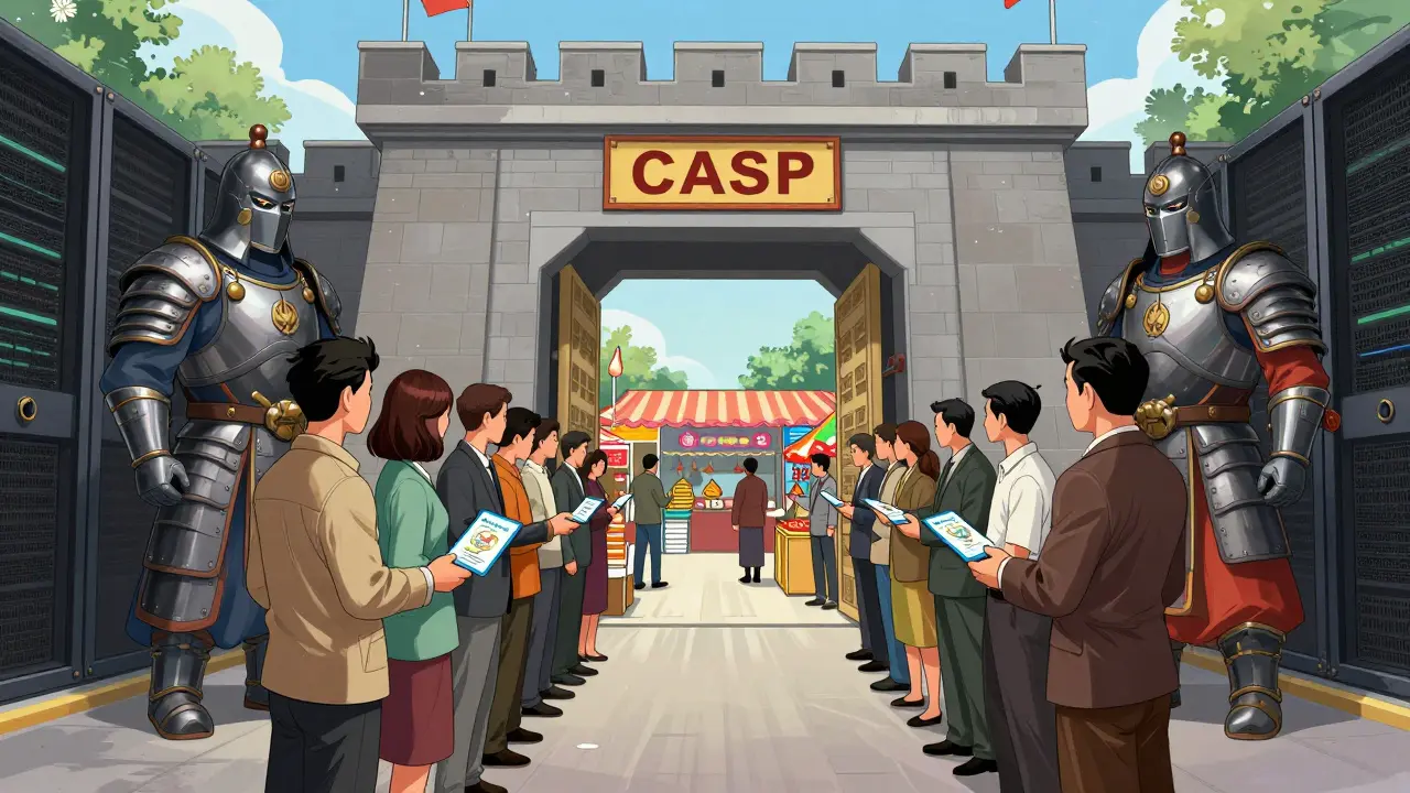 Cartoon of investors entering a secure CASP gate for regulated crypto trading