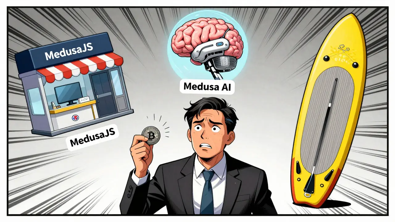 Comic illustration showing confusion between Medusa crypto and unrelated tech products like AI and paddle boards.