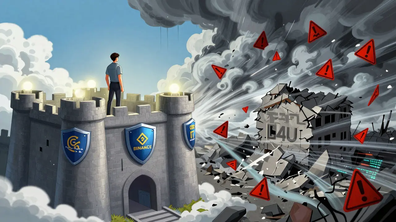 Contrast between a secure crypto fortress and a crumbling, risky platform.