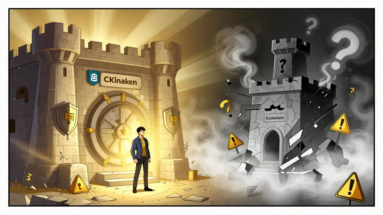 Contrast between a secure vault for legit exchanges and a crumbling illusion for the fake Coinchase platform.