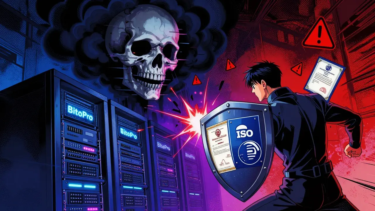 Dramatic manhua art showing a hacker attacking BitoPro servers blocked by security shields