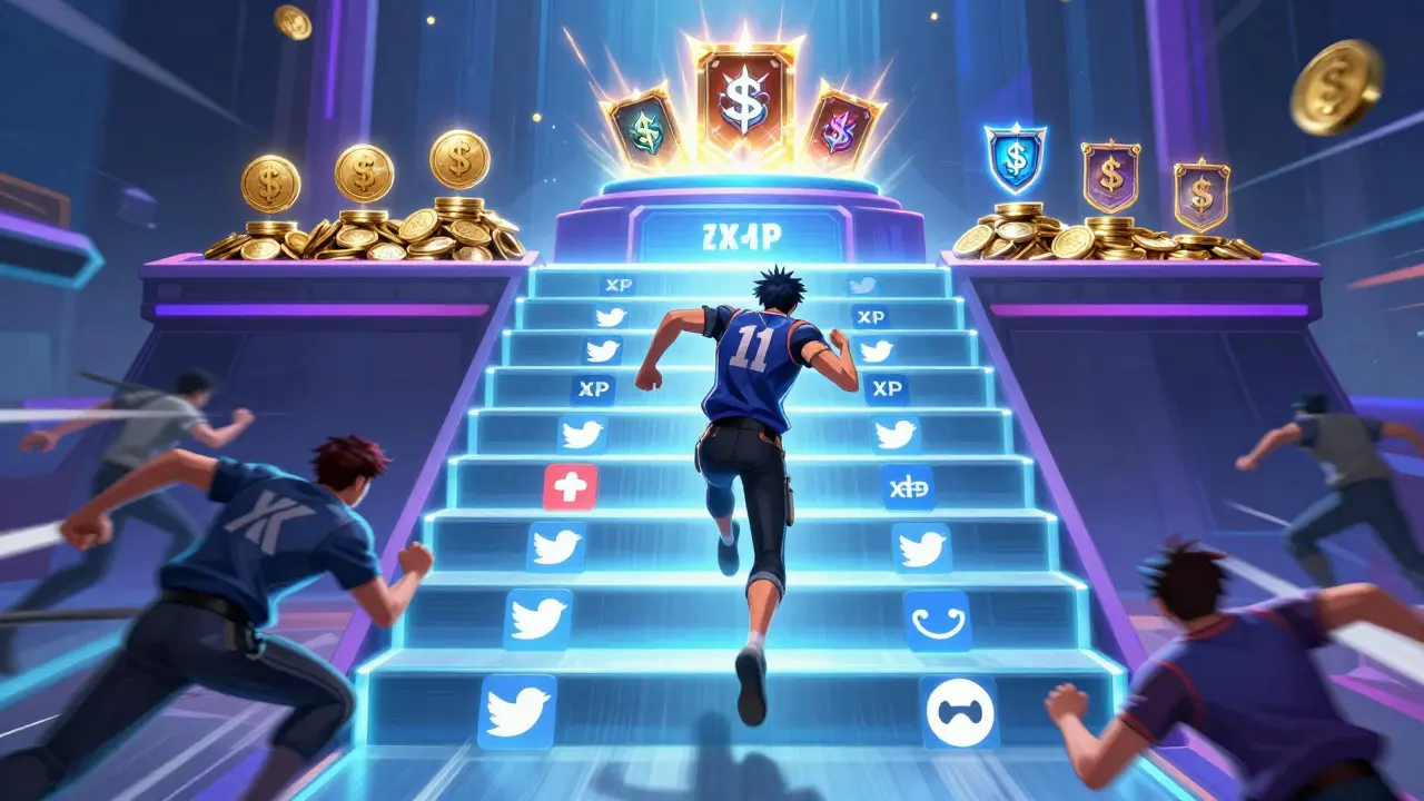 Dynamic cartoon of a gamer climbing an XP leaderboard to win crypto token rewards.