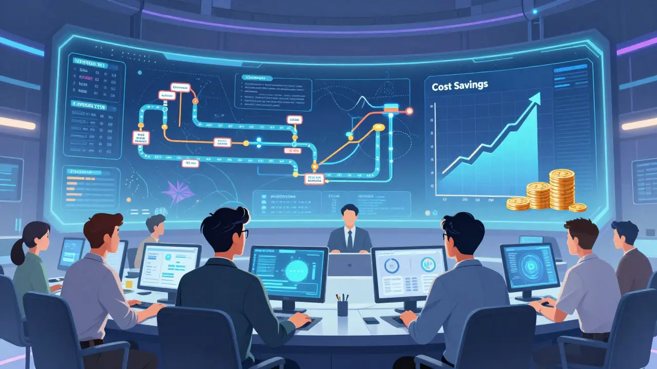 Futuristic control room with teams monitoring AI-driven supply chain analytics for cost savings.