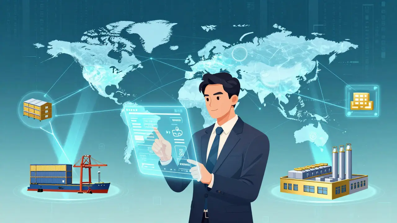 Glowing digital network connecting global logistics hubs, symbolizing efficient blockchain automation.