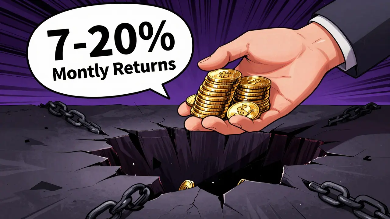Illustration of a deceptive investment offer hiding a dangerous abyss below.