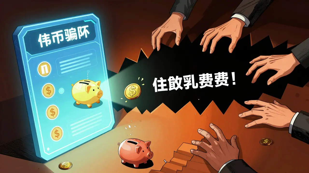 Illustration of a digital trap where hands demand fees for withdrawals, representing crypto fraud mechanics.