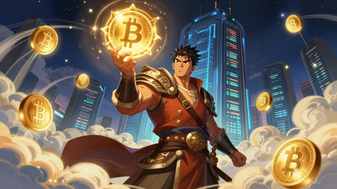 Illustration of a warrior holding a digital miner NFT surrounded by Bitcoin and utility tokens.
