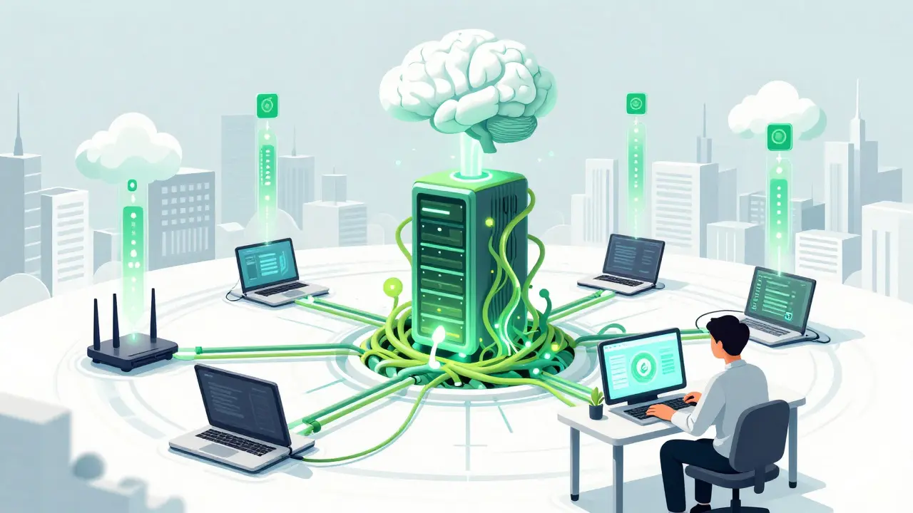 Illustration of decentralized network sharing bandwidth from homes to AI cloud.
