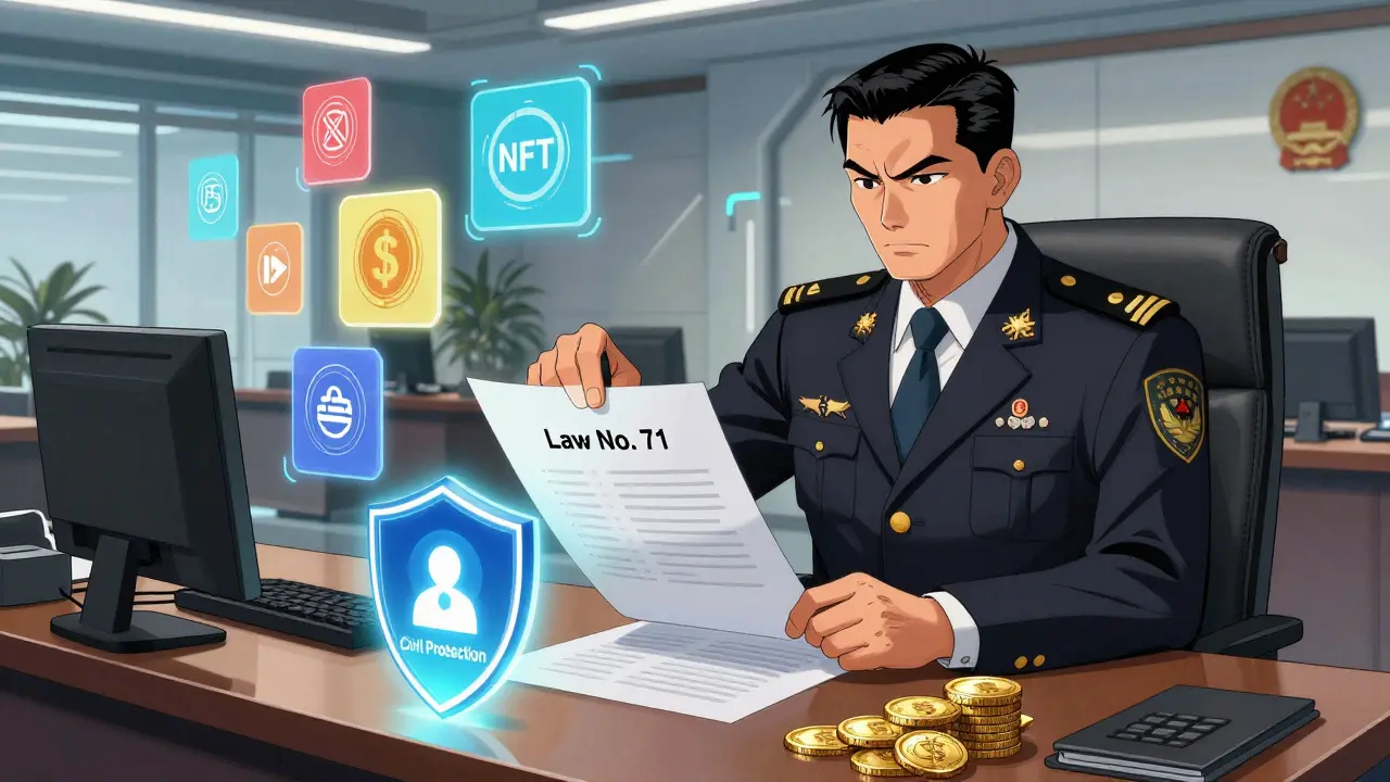 Illustration of officials stamping law documents with protected digital assets