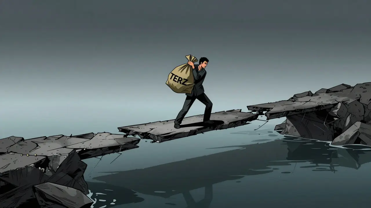 Investor stranded on a bridge over an abyss symbolizing low liquidity