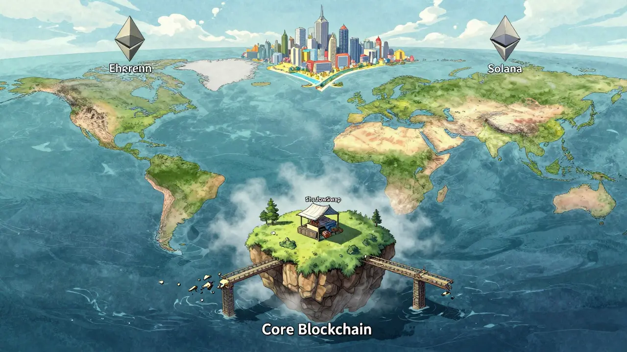 Isolated crypto island connected by broken bridges in manhua style