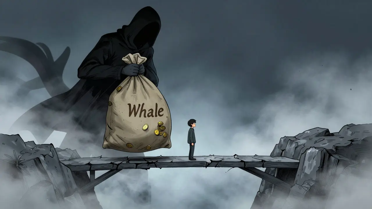 Looming whale figure and small investor on fragile bridge in manhua
