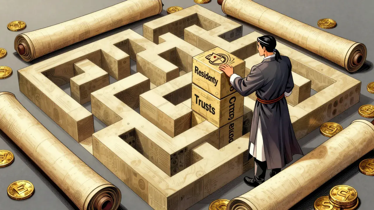 Manhua art: Lawyer building legal fortress of trusts and residency docs for asset protection.
