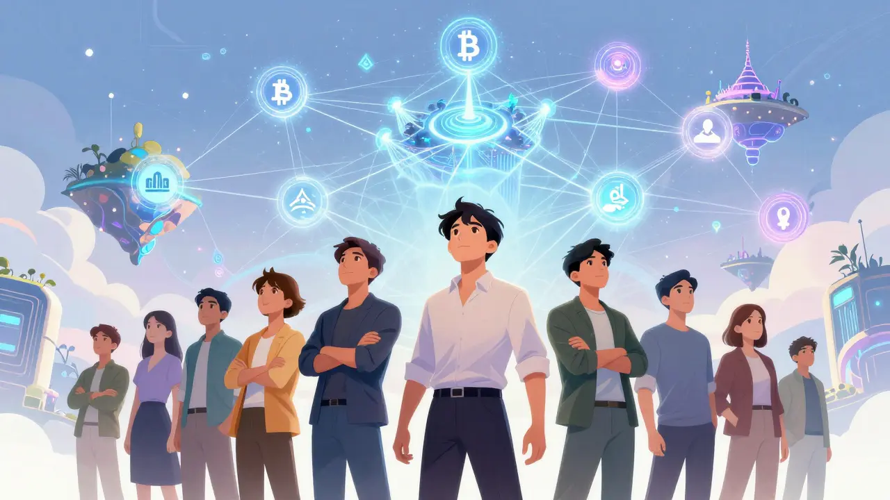 Manhua art of connected blockchain islands representing future interoperability