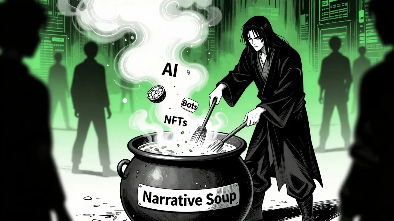 Manhua art of narrative soup cauldron with AI and meme ingredients
