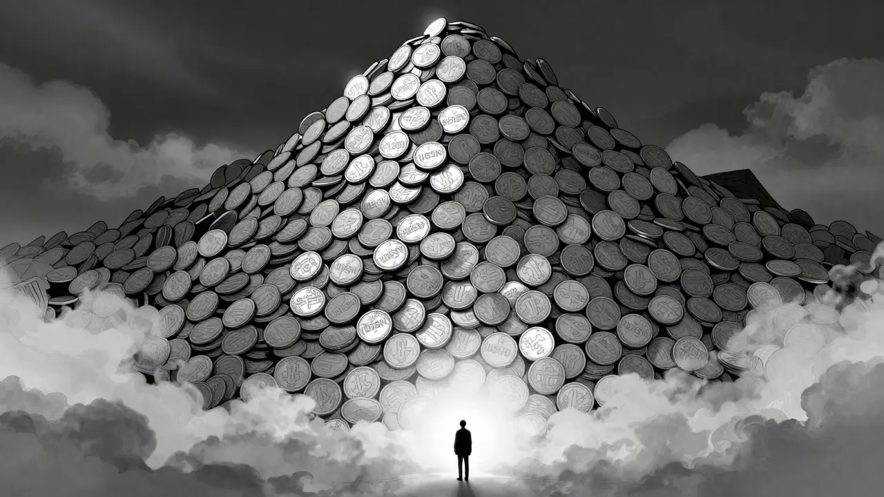 Manhua art showing a tiny coin overshadowed by a massive mountain of tokens