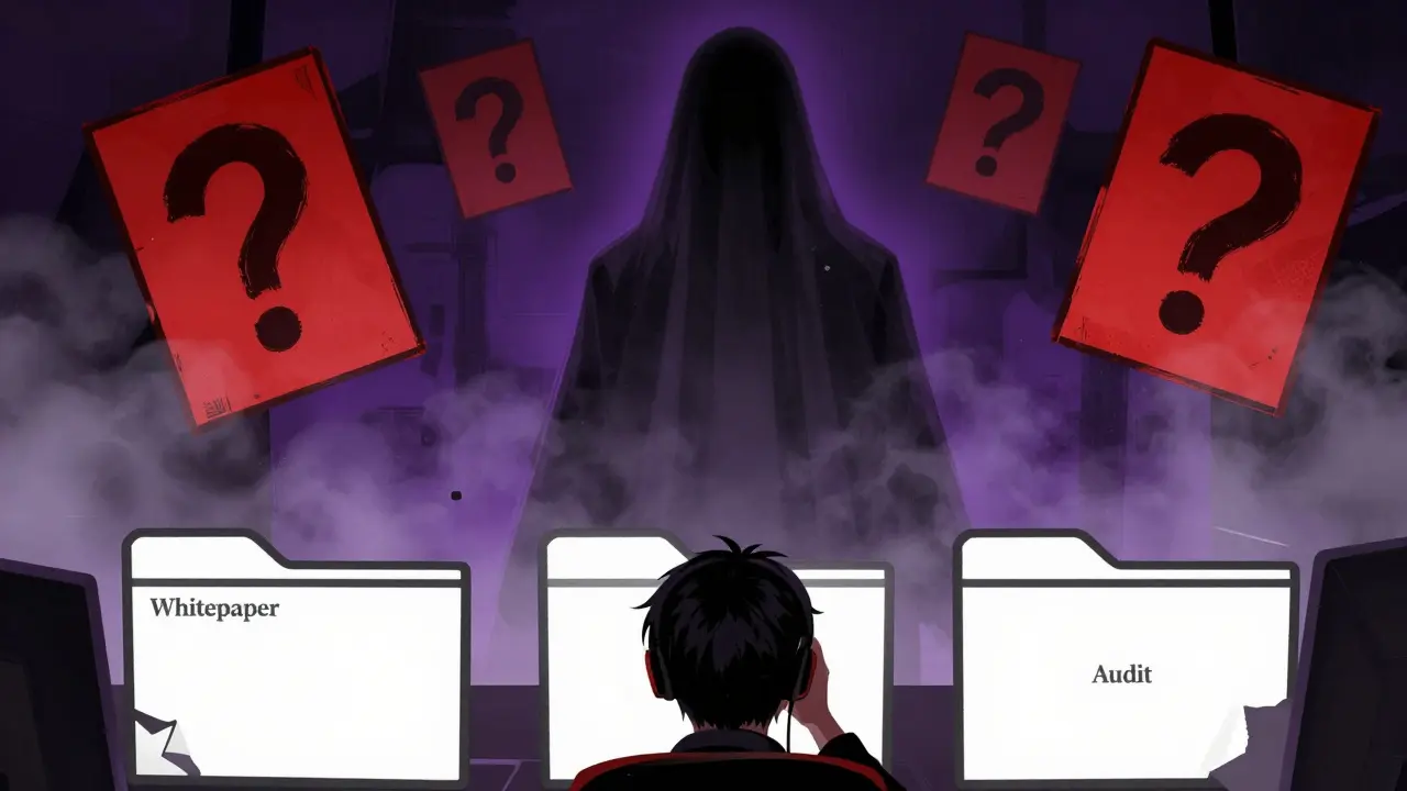 Manhua art showing shadowy figures and warning signs representing crypto risks