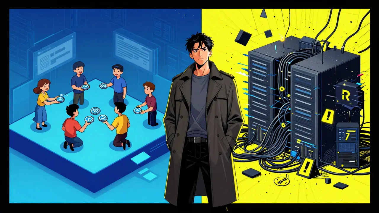 Manhua illustration comparing stable vs unstable crypto platforms