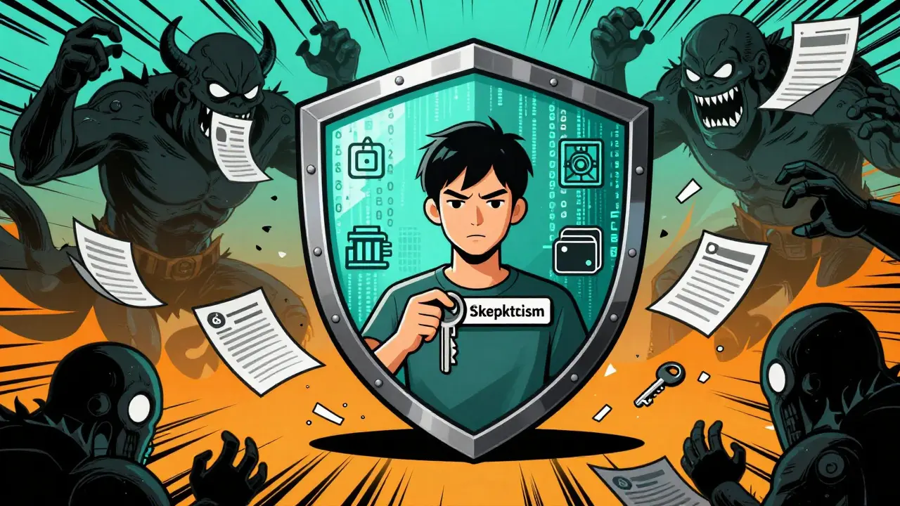 Manhua illustration of a user protected by a digital shield against scams