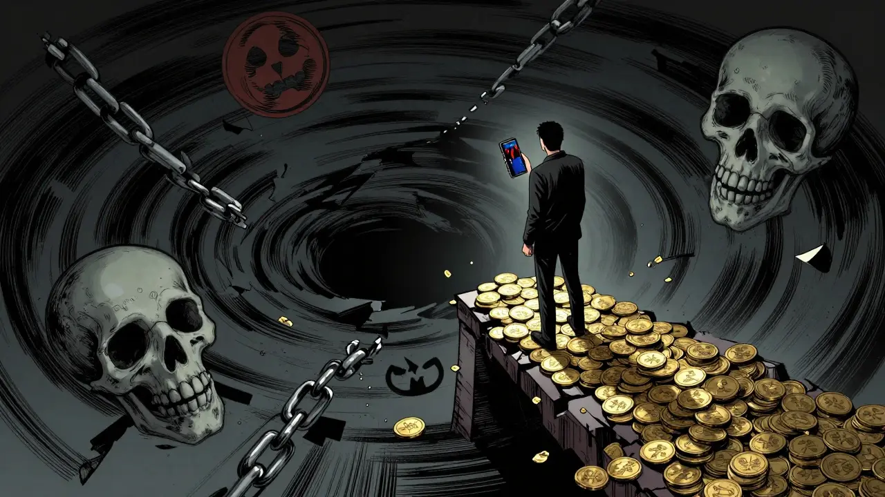 Manhua illustration of investor facing liquidity risks and rug pulls on a crumbling coin bridge.