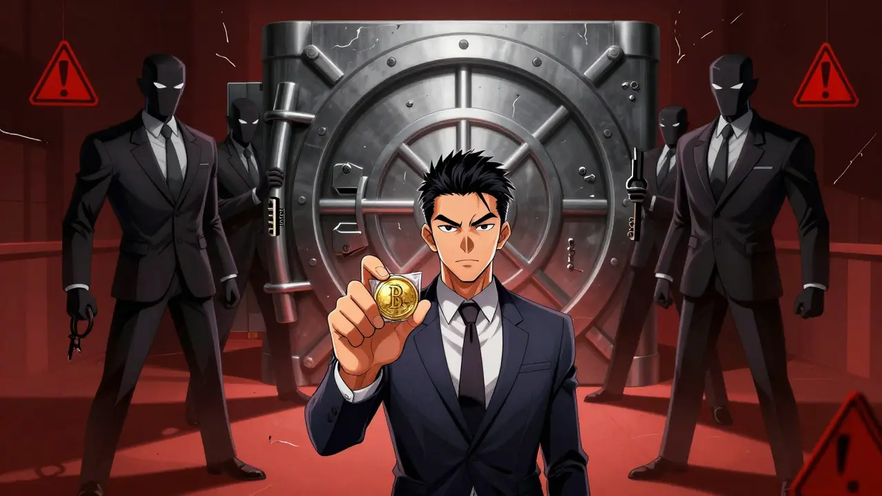 Manhua illustration showing custodians guarding vault behind wrapped token holder