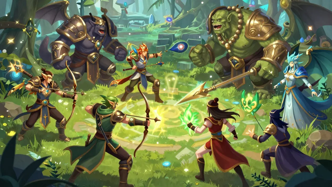 Manhua style: Fantasy warriors battling monsters in a colorful RPG arena