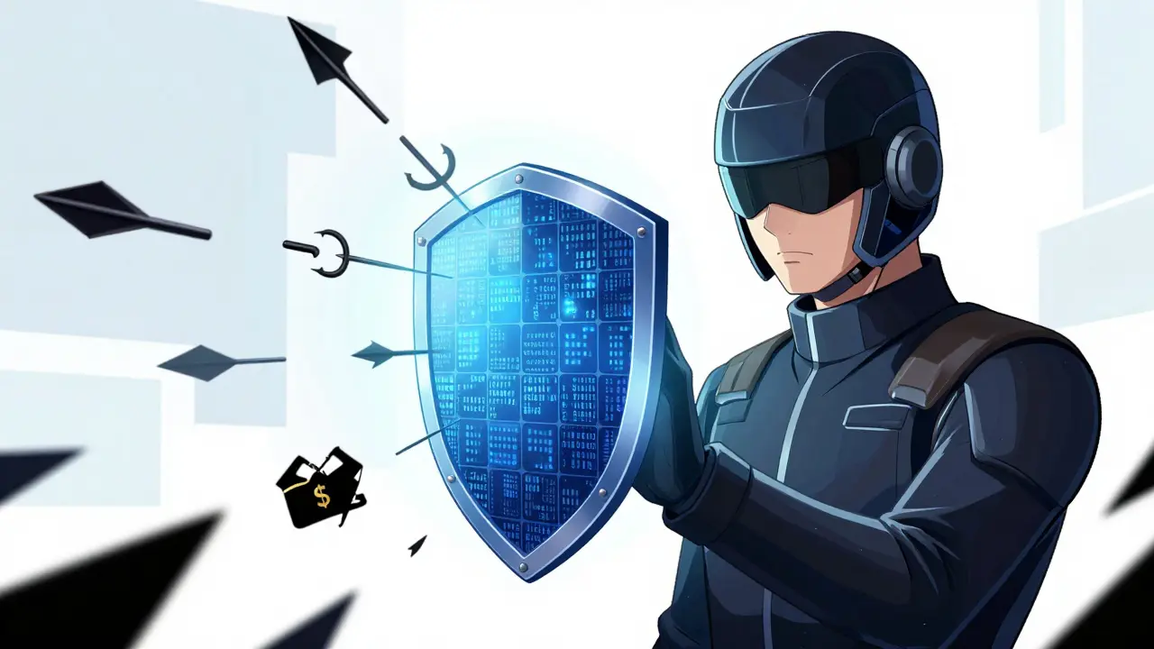 Manhua style: Hero blocking cyber threats with a blockchain shield