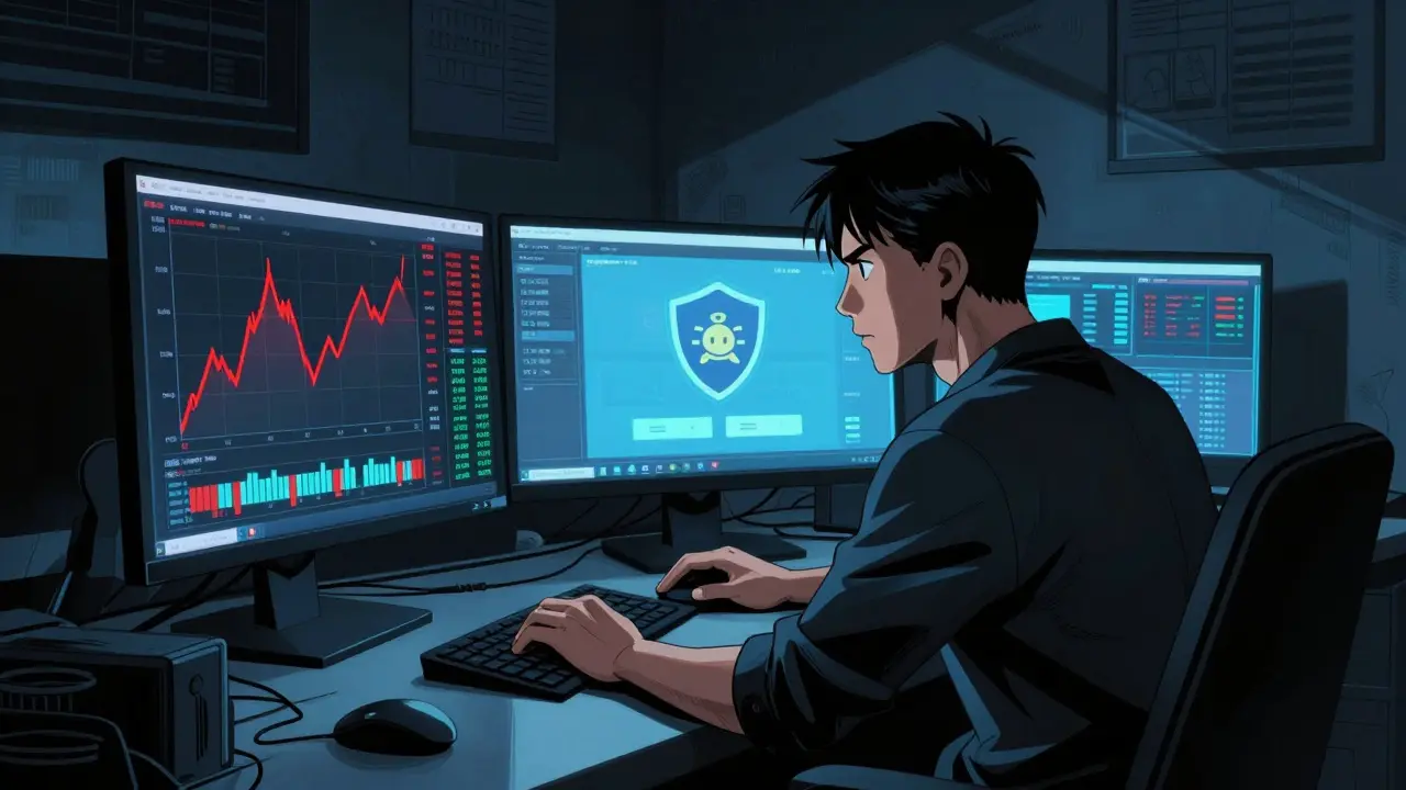 Manhua style trader analyzing volatile crypto charts and security shields on screens.