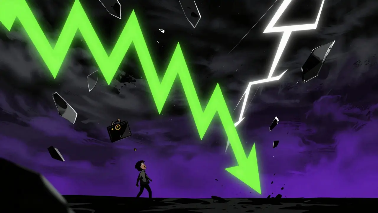 Plummeting crypto chart and shocked investor in dramatic manhua art