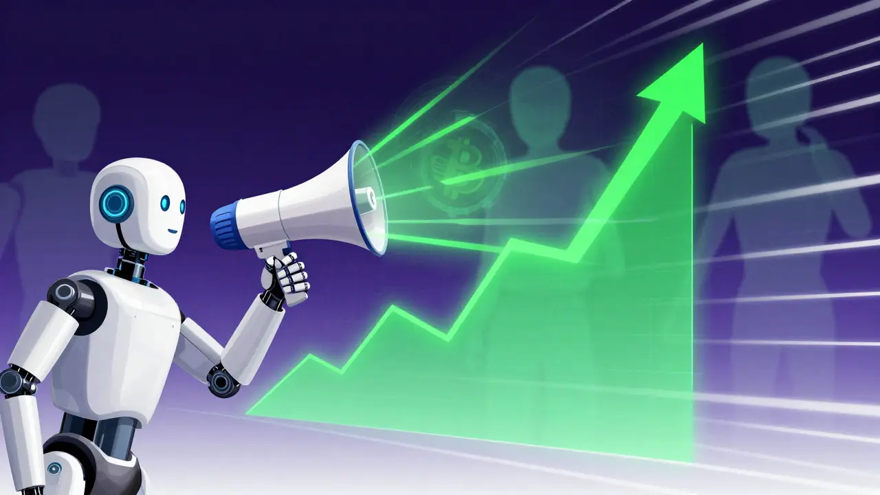 Robot boosting crypto charts with megaphone in comic style