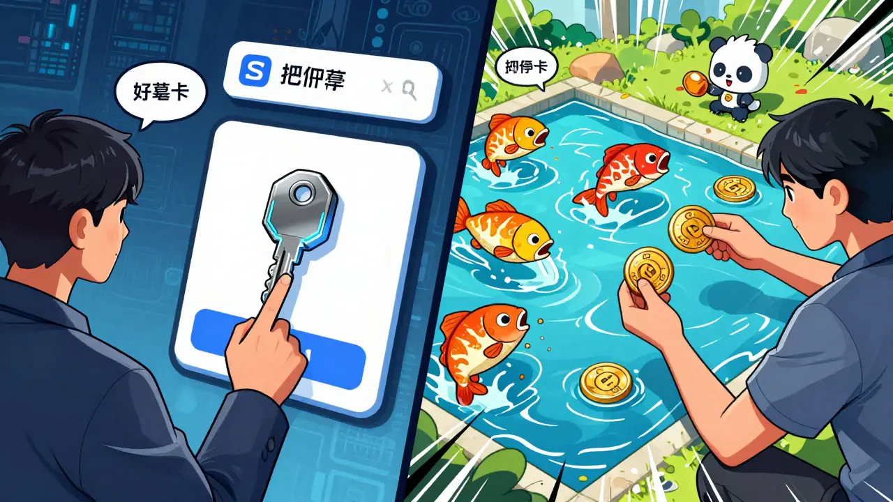 Split view of DeFi trading and play-to-earn gaming for Crogecoin in Chinese comic style.