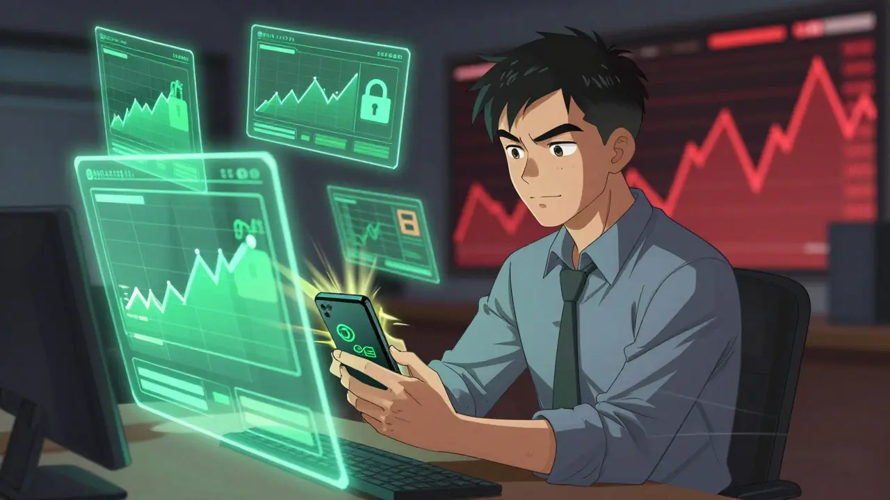 Trader calmly using crypto app while market volatility rages outside