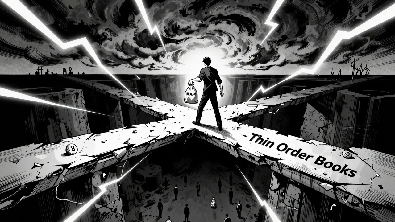 Trader on crumbling bridge trying to sell tokens into a void, symbolizing low liquidity risk