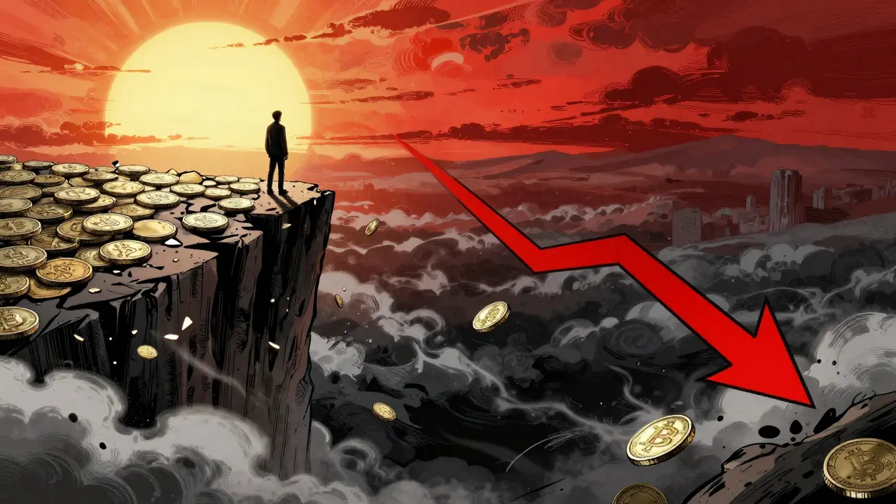 Trader on crumbling coin cliff facing risky crypto market