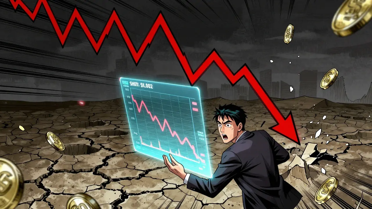 Trader watching crashing token chart with falling coins in manhua art