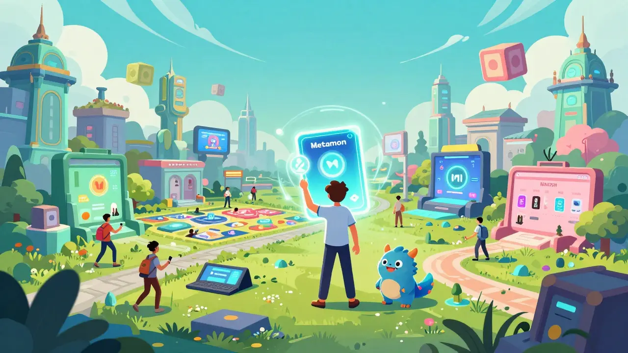 User exploring a vibrant metaverse city with NFT companions in manhua style.