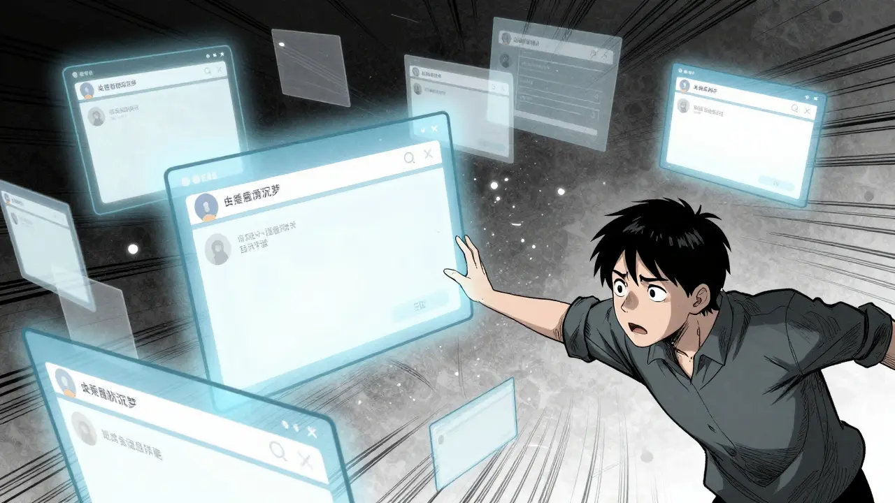 User reaching for disappearing data in a chaotic digital void.