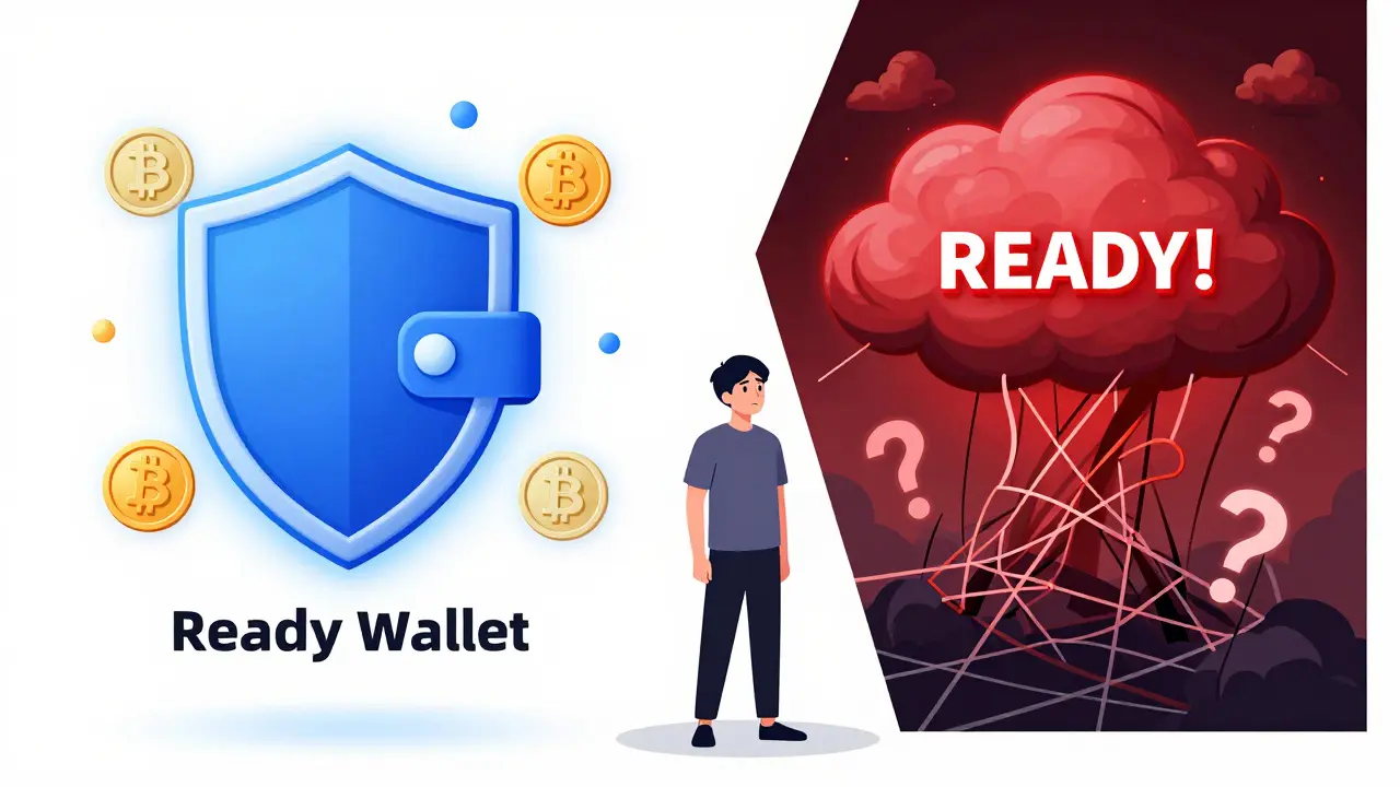 Visual contrast between secure Ready Wallet and chaotic, risky READY! token ecosystem