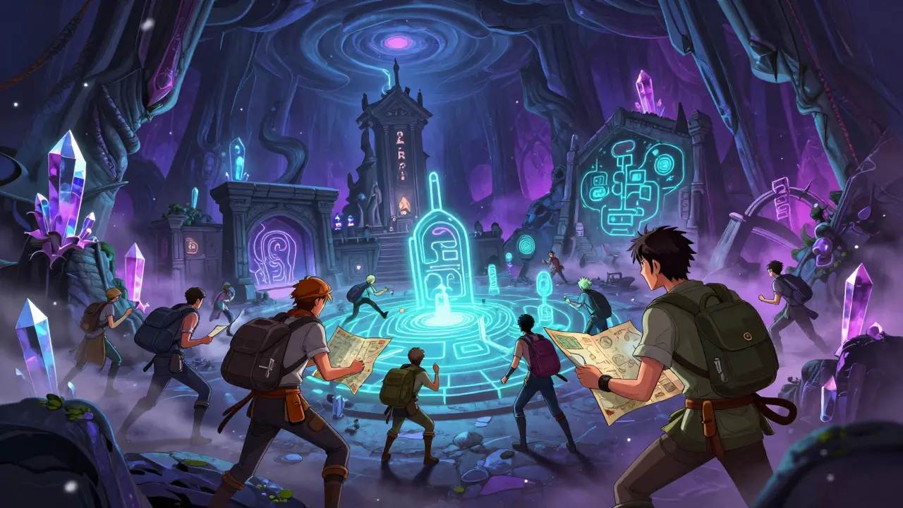 Adventurers exploring the neon-lit Gamrey Deep expansion