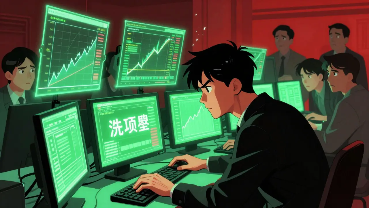Cartoon depiction of traders using bots for wash trading manipulation
